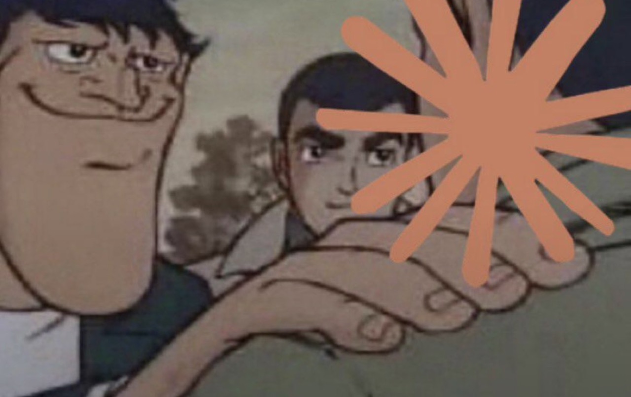 two anime characters in a cel-style scene — one with a wide unsettling grin handshakes another, an orange "pow" burst over the clasped hands