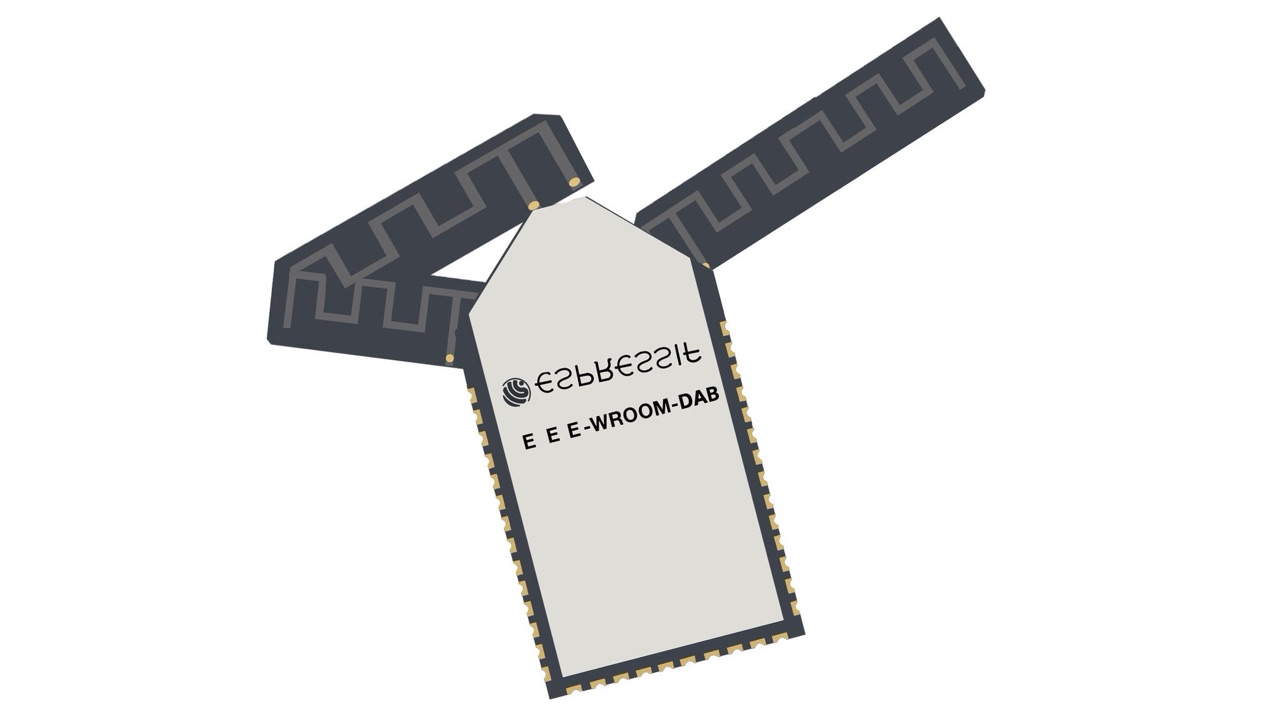 mocked-up espressif wifi module labeled "ESP-WROOM-DAB" with both pcb antennas raised in a dab pose