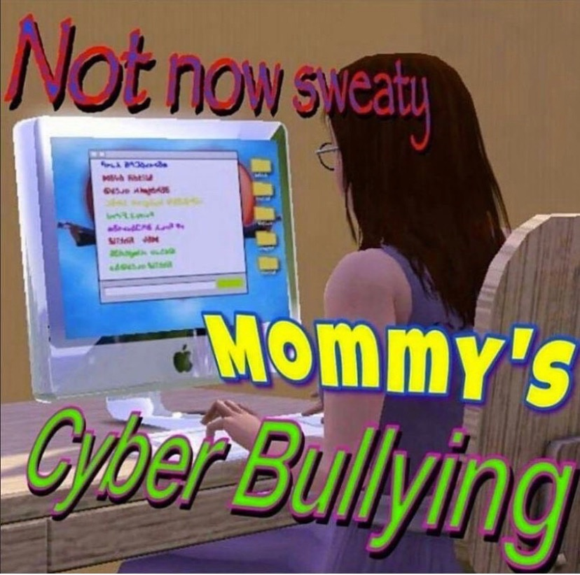 sims-style screenshot: "not now sweaty, mommy's cyber bullying"