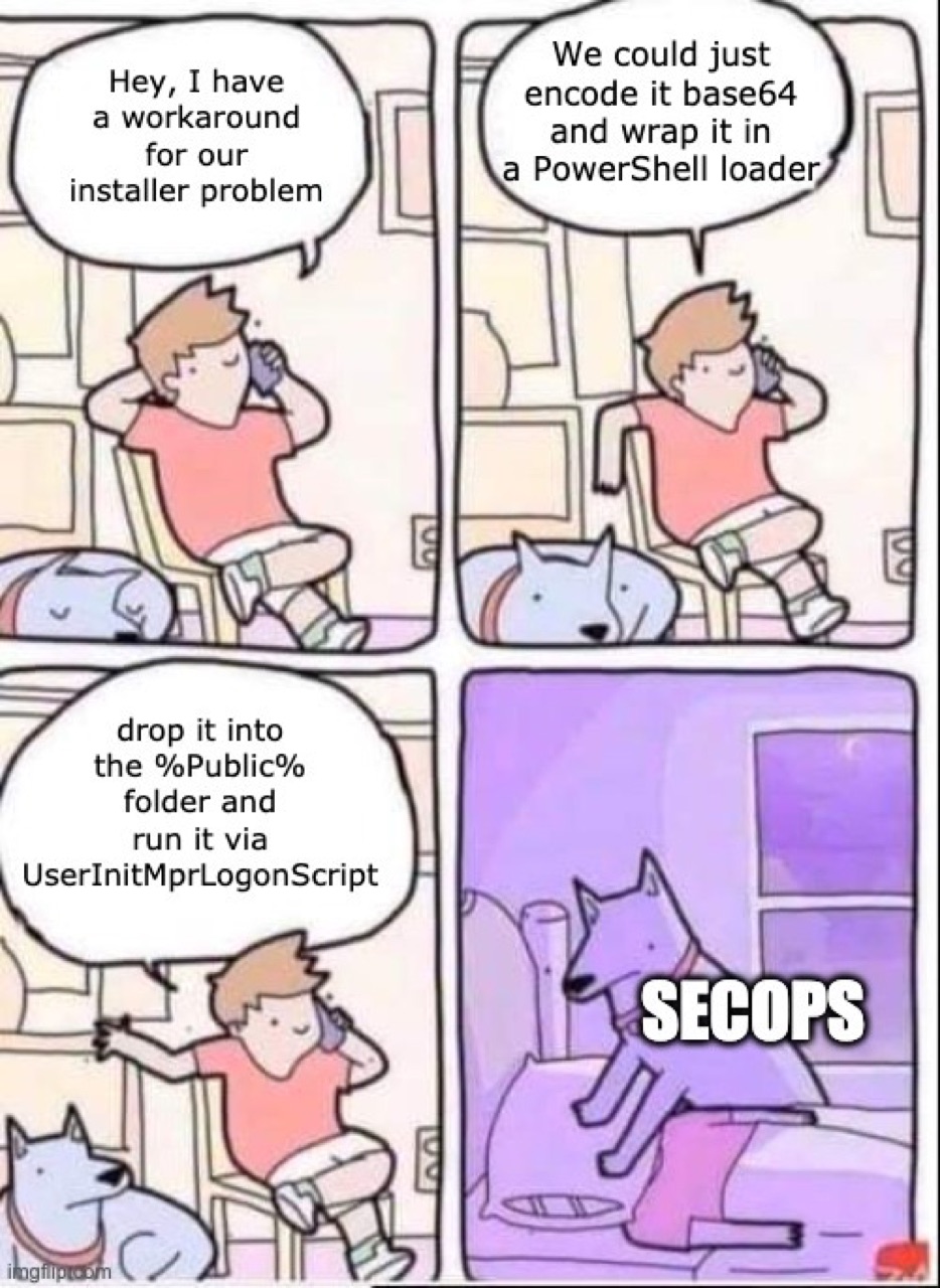 four-panel comic — guy on phone proposes a base64 powershell loader, then drops it in %Public% via UserInitMprLogonScript; final panel a dog labeled SECOPS, asleep in bed